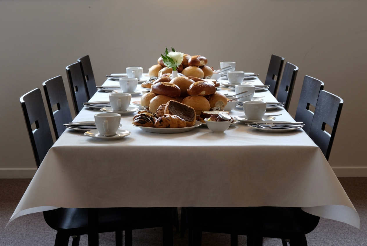 Gedekte tafel met broodjes en koffie voor de koffietafel