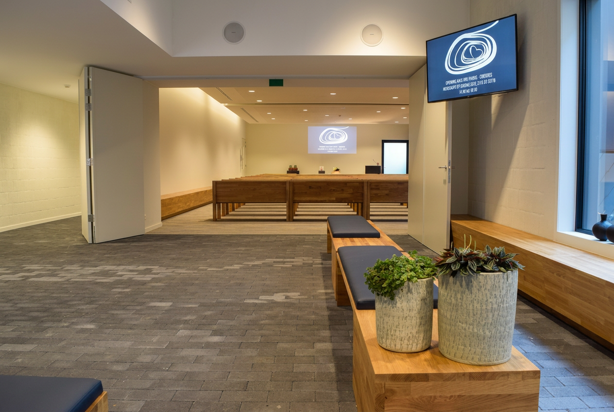 Ingang van de aula van Van Parijs – Coddens met houten zitbanken en plantenbakken
