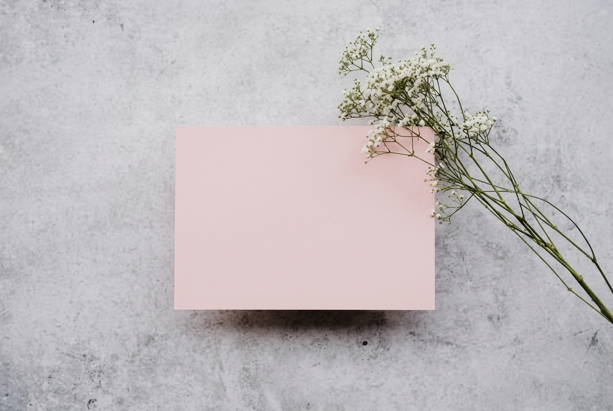 Roze rouwkaart met fijne witte bloemen
